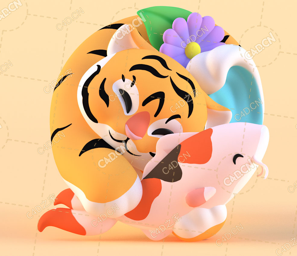 小老虎抱鲤鱼吉祥图腾C4D模型