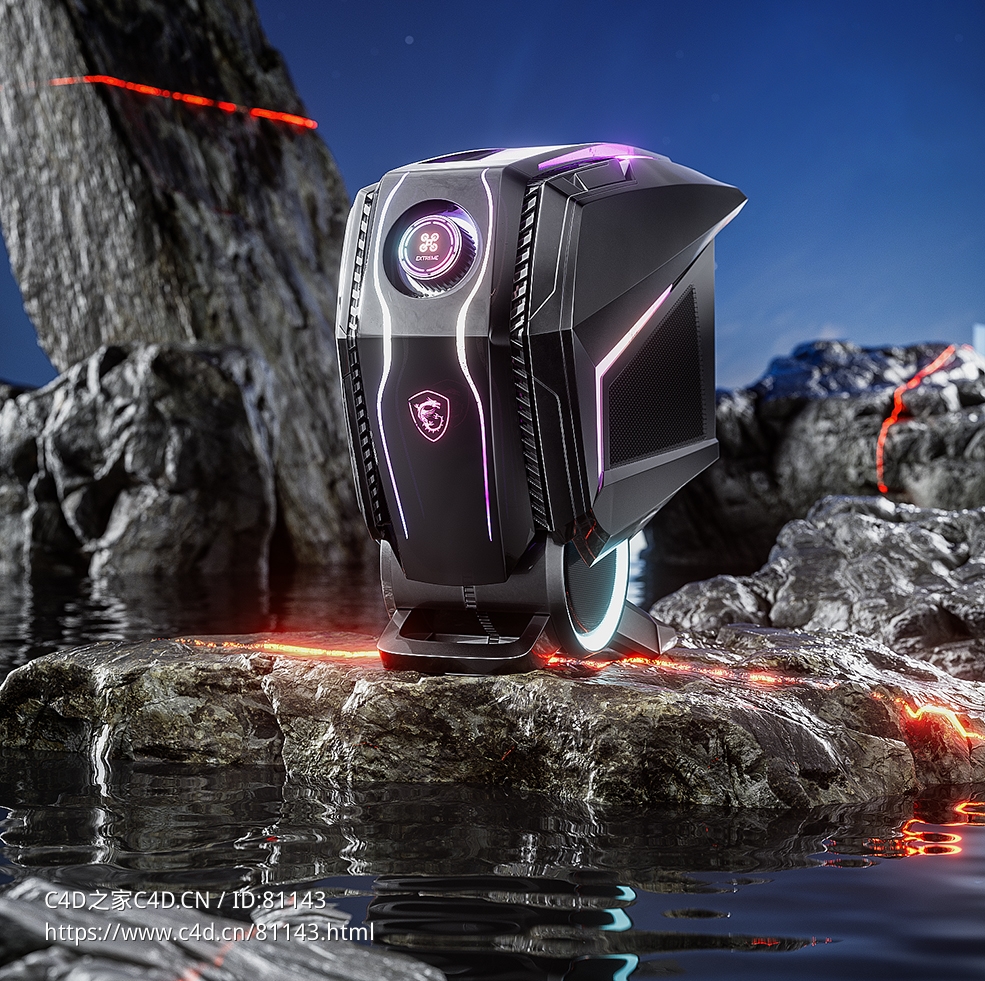 C4D OC水边石头上的科幻电脑主机模型 - C4D之家 - PSD.jpg