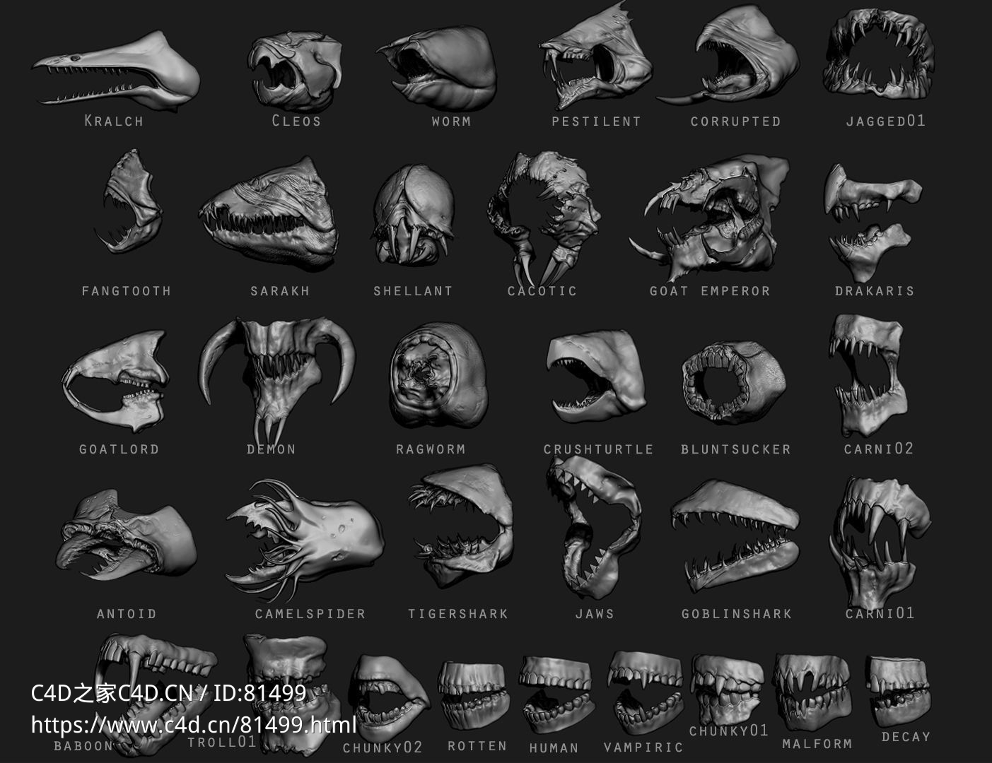 33个变异生物怪兽嘴唇嘴巴3D模型Monster Mouths - C4D之家 - __jawsguide001.jpg