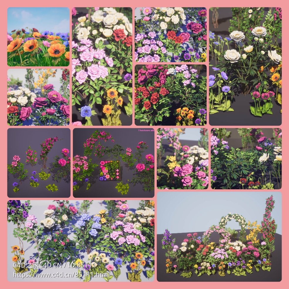 42个写实花园花卉植物3D模型合集玫瑰牡丹蔷薇银莲花支持UE5含完整材质贴图Renderhub - Flowers Pack Low-poly 3D model - C4D之家 - photo-collage(1).jpg